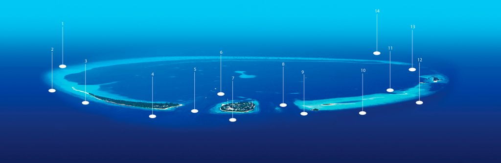 Mapa de puntos de buceo en Rasdhoo