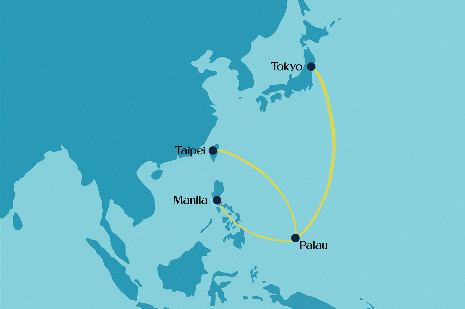 Mapa de rutas para viajar a Palau desde España vía Taipéi, Tokio y Manila