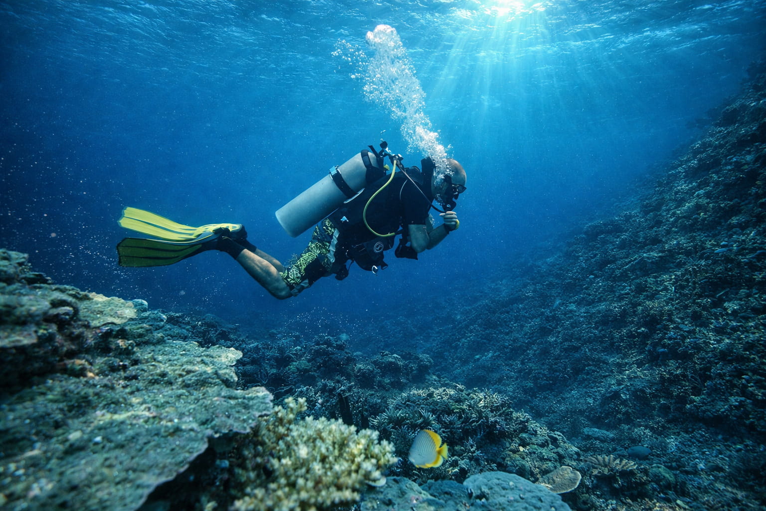 buceador practicando buceo en pared en Palau con corriente